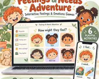 Pode incluir: Jogo interativo Feelings & Needs Adventure exibido num portátil e num smartphone. O ecrã mostra seis rostos ilustrados com as etiquetas Happy, Sad, Angry, Calm, Worried, Surprised. Inclui texto: 6 Playful Activities, Offline, No account, No subscription, Digital download.