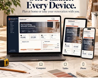 Pode incluir: Um planejador de renovação digital exibido em um laptop, tablet e smartphone. A tela mostra um painel com controle de orçamento, cronogramas e listas de tarefas. Texto: One Planner. Every Device. Plan at home or take your renovation with you.