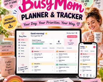 Pode incluir: Um planejador e rastreador digital intitulado Busy Mom Planner & Tracker exibido em uma tela de laptop e smartphone. A interface apresenta listas de tarefas, barras de progresso e agendas diárias. Design com detalhes em rosa e branco.