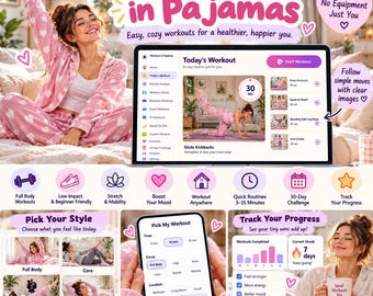 Pode incluir: Uma interface de programa de exercícios intitulada Workout in Pajamas exibida em um laptop e smartphone, com rotinas, acompanhamento de progresso e ícones. O layout inclui texto, gráficos de corações rosas e imagens de instruções de treino.