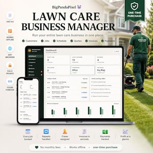 May include: A digital lawn care business manager software interface displayed on a laptop and smartphone screen. The dashboard shows customer data, job schedules, quotes, invoices, and payments. Text includes Lawn Care Business Manager and features.