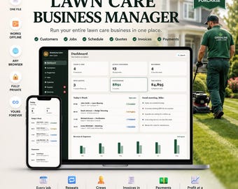 Pode incluir: Uma interface de software digital para gestão de empresas de cuidados com relvados exibida num ecrã de portátil e smartphone. O painel mostra dados de clientes, horários, orçamentos, faturas e pagamentos. Texto incluído.