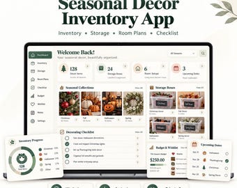 Pode incluir: Uma interface digital para a aplicação BigPandaPixel Seasonal Decor Inventory exibida num ecrã de portátil. O painel de controlo inclui secções para inventário, armazenamento, planos de divisões e listas de verificação com dados.