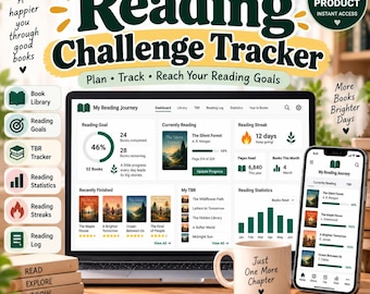 Pode incluir: Um rastreador digital de desafios de leitura exibido em uma tela de laptop e smartphone. A interface mostra metas de leitura, listas de livros e estatísticas. Uma caneca branca com o texto Just One More Chapter ao lado de um caderno.