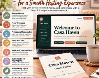 Pode incluir: Um computador portátil exibindo um livro de boas-vindas digital intitulado Welcome to Casa Haven ao lado de um livreto impresso. A tela mostra seções para chegada, regras da casa e favoritos locais. Uma lista de benefícios está à esquerda.