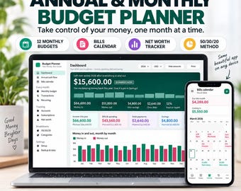 Pode incluir: Um planejador de orçamento anual e mensal digital exibido na tela de um laptop e smartphone. A interface mostra um painel com dados financeiros, gráficos e um calendário de contas. O texto inclui Annual & Monthly Budget Planner, Dashboard e várias métricas financeiras. O design apresenta esquemas de cores verde e branco.