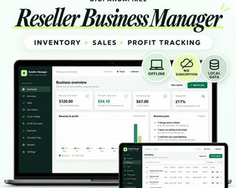 Pode incluir: Um portátil e um tablet exibindo a aplicação HTML offline BigPandaPixel Reseller Business Manager. A interface mostra painéis de controlo de inventário, vendas e lucros, com ícones para offline, sem subscrição e armazenamento de dados local.