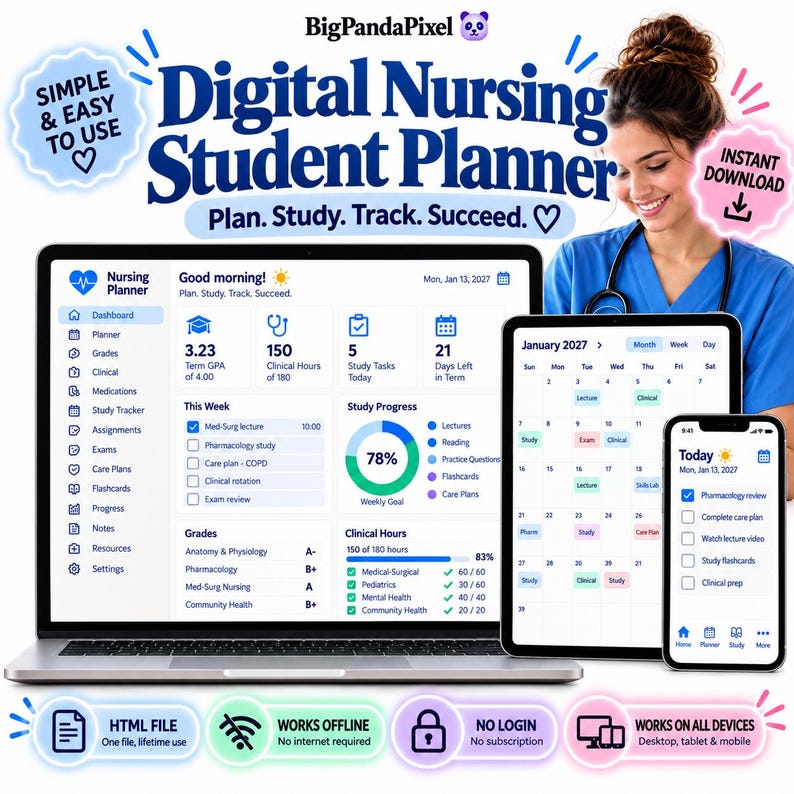 May include: A digital nursing student planner displayed on a laptop, tablet, and smartphone. The screens show a dashboard with academic tracking, a calendar, and task lists. Text includes Digital Nursing Student Planner, Plan, Study, Track, Succeed.