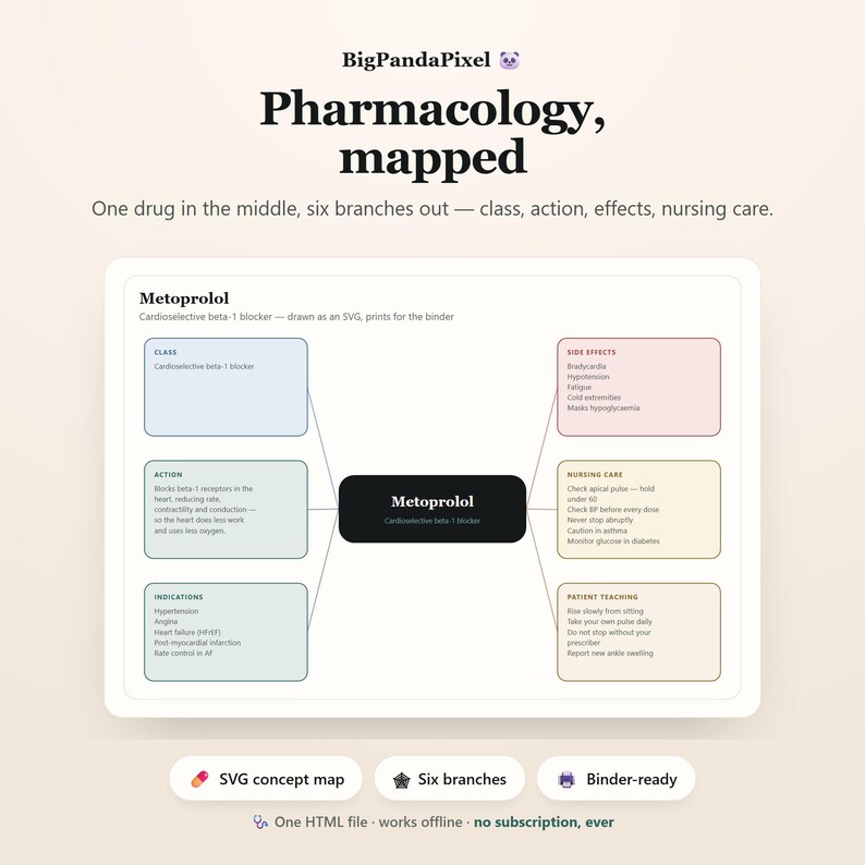 May include: A pharmacology concept map titled Pharmacology, mapped by BigPandaPixel. The central black box labeled Metoprolol connects to six colored boxes detailing class, action, indications, side effects, nursing care, and patient teaching.