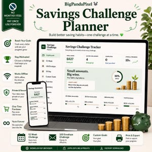 May include: A digital Savings Challenge Planner displayed on a laptop and smartphone screen. The interface shows a Savings Challenge Tracker with progress bars, total saved amounts, and challenge categories. A green piggy bank sits nearby.