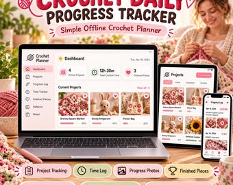 Pode incluir: Um planejador digital de acompanhamento diário de crochê exibido em um laptop, tablet e smartphone. A interface apresenta um painel com projetos ativos, tempo total de crochê e peças finalizadas, incluindo imagens de um cobertor e coelho.