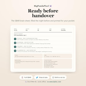 May include: A digital SBAR brain sheet template for medical professionals, featuring sections for patient vitals, labs, medications, and a to-do list. The document includes text headers like Ready before handover, Situation, Background, Assessment, and Recommendation.