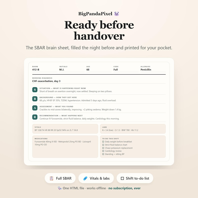 May include: A digital SBAR brain sheet template for medical professionals, featuring sections for patient vitals, labs, medications, and a to-do list. The document includes text headers like Ready before handover, Situation, Background, Assessment, and Recommendation.