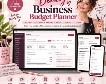 Pode incluir: Um planejador de orçamento para negócios de beleza digital exibido em um laptop, tablet e smartphone. A interface mostra painéis financeiros com dados de receita, despesas e lucro. O texto inclui Plan, Track, Price, Profit, Grow e Beauty Business Budget Planner.