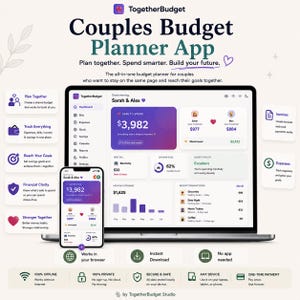Pode incluir: Uma interface de aplicativo de planejamento de orçamento digital exibida na tela de um laptop e de um smartphone. O painel mostra dados financeiros para Sarah e Alex, incluindo um valor seguro para gastar de $3.982, gráficos de gastos mensais.