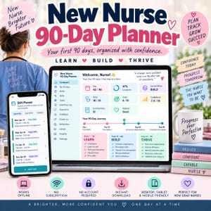 Könnte beinhalten: Ein digitaler 90-Tage-Planer für Pflegekräfte auf einem Laptop- und Smartphone-Bildschirm. Die Benutzeroberfläche zeigt ein Dashboard mit Fortschrittsverfolgung, Schichtplanung und Zielsetzung. Ein weißer Becher mit Text steht daneben.