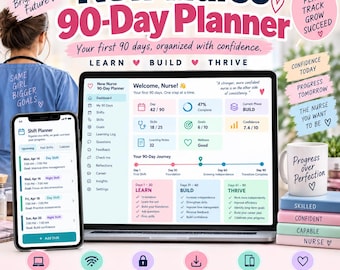 May include: A digital 90-day planner for nurses displayed on a laptop and smartphone screen. The interface shows a dashboard with progress tracking, shift planning, and goal setting. A white mug with the text Progress over Perfection sits nearby.