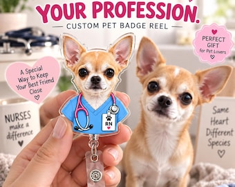 Custom Pet Badge Reel, Personalized Dog Cat Face in Scrubs, Nurse Badge Reel, Pet Photo ID Holder, Retractable Name Tag, Nurse Gift
