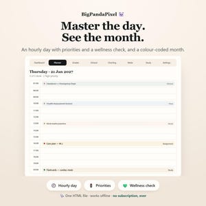 May include: A digital planner interface by BigPandaPixel titled Master the day. See the month. It features an hourly schedule for Thursday 21 Jan 2027 with tasks like Handover, Health Assessment, and Med-maths practice, plus navigation tabs.