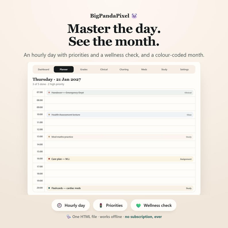 May include: A digital planner interface by BigPandaPixel titled Master the day. See the month. It features an hourly schedule for Thursday 21 Jan 2027 with tasks like Handover, Health Assessment, and Med-maths practice, plus navigation tabs.