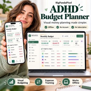 May include: A digital ADHD Budget Planner displayed on a smartphone and a laptop screen. The interface shows monthly budget data, including planned spending, actual spending, remaining budget, and category-specific expenses with progress bars.