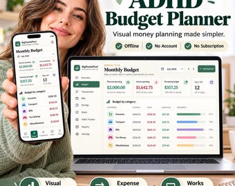 Pode incluir: Um planejador de orçamento TDAH digital exibido em um smartphone e na tela de um laptop. A interface mostra dados orçamentários mensais, incluindo despesas planejadas, despesas reais, orçamento restante e despesas por categoria com barras de progresso.