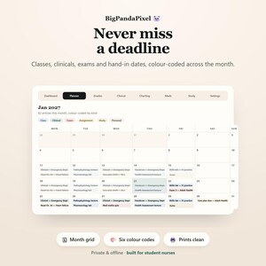 May include: A digital planner interface titled BigPandaPixel with the text Never miss a deadline. It features a January 2027 monthly calendar grid with color-coded entries for classes, clinicals, exams, assignments, study, and personal tasks.