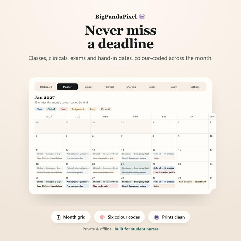 May include: A digital planner interface titled BigPandaPixel with the text Never miss a deadline. It features a January 2027 monthly calendar grid with color-coded entries for classes, clinicals, exams, assignments, study, and personal tasks.
