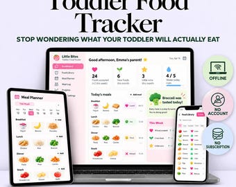 Pode incluir: Uma aplicação digital de rastreamento de alimentos para crianças pequenas exibida num portátil, tablet e smartphone. A interface inclui planeamento de refeições, registo de alimentos e acompanhamento de progresso com ícones de refeições.