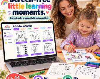 Pode incluir: Um portátil exibe o site LittleLearner com atividades imprimíveis, incluindo colorir, traçar e labirintos. Folhas de atividades impressas e lápis de cera estão sobre a mesa. O texto inclui Screen-free little learning moments, 44 printable activities, No account e No subscription.