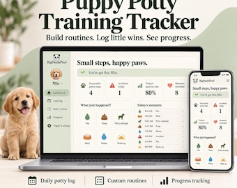Pode incluir: Um rastreador digital de treinamento de banheiro para filhotes exibido em uma tela de laptop e smartphone. A interface apresenta um painel com ícones para rastrear idas ao banheiro, acidentes e rotinas diárias com o texto Small steps, happy paws.