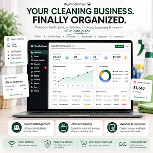 May include: A laptop screen displaying the CleanBiz Manager software dashboard with business metrics, revenue charts, and job schedules. Text includes YOUR CLEANING BUSINESS. FINALLY ORGANIZED. and various management features for clients and invoices.