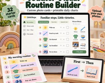 Pode incluir: Um criador de rotinas visuais digitais para crianças pequenas exibido em uma tela de laptop e tablet, com cartões de fotos personalizados e gráficos diários imprimíveis. A interface mostra uma rotina matinal com ícones para tarefas.