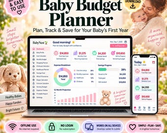 Pode incluir: Um planejador de orçamento para bebês BabyNest exibido em uma tela de laptop e smartphone. A interface mostra painéis financeiros, detalhamento de despesas e progresso de economia para o primeiro ano do bebê. O texto inclui Baby Budget Planner, Good morning e vários rótulos financeiros. O design apresenta ícones para painel, perfil e calculadoras.