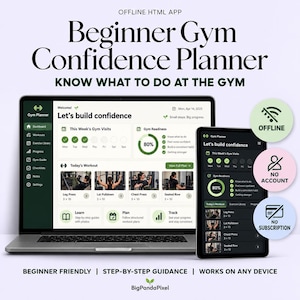 Könnte beinhalten: Eine digitale Fitness-Planer-App auf einem Laptop- und Tablet-Bildschirm. Die Benutzeroberfläche zeigt ein Dashboard mit Trainingsverfolgung, Fitnessbereitschaft und Übungslisten. Drei kreisförmige Symbole zeigen Offline-Zugriff, kein Konto und kein Abo.