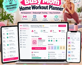 Pode incluir: Um planejador digital de exercícios em casa exibido em um laptop, um smartphone e um tablet. A interface apresenta um painel com rastreamento de exercícios, uma programação semanal e uma biblioteca de exercícios em tons de rosa e branco.