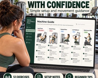 Pode incluir: Uma tela de laptop exibe um guia digital de máquinas de academia com ilustrações e instruções para exercícios como leg press, supino, remada sentada, puxada alta e bicicleta ergométrica. A interface inclui títulos e notas.