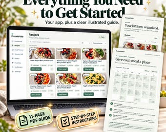 Pode incluir: Um portátil exibindo a interface da aplicação ProteinPlate com cartões de receitas, ao lado de um guia impresso intitulado Your kitchen, organized e uma folha de planeamento semanal. Duas etiquetas douradas dizem 11-PAGE PDF GUIDE e STEP-BY-STEP INSTRUCTIONS.