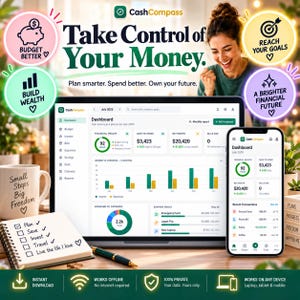 May include: A digital financial planning software interface titled CashCompass displayed on a laptop and smartphone. The screen shows a dashboard with charts, savings goals, and transaction lists. A notebook with a checklist and a mug are nearby.