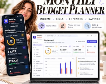 Pode incluir: Um planejador de orçamento mensal digital exibido em um smartphone e na tela de um laptop. A interface mostra painéis financeiros com dados de receitas, contas, despesas e economias, incluindo gráficos para outubro de 2026.