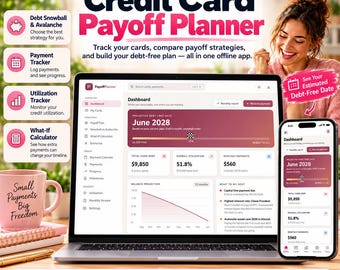 Pode incluir: Um planejador digital de pagamento de cartão de crédito exibido em uma tela de laptop e smartphone. A interface mostra um painel com uma data prevista para ficar livre de dívidas em junho de 2028, dívida total de $9.850 e 51,8% de utilização.