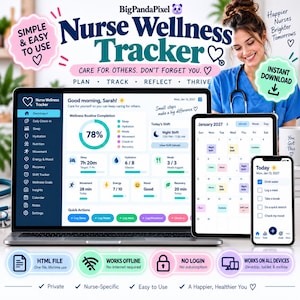 May include: A digital Nurse Wellness Tracker displayed on a laptop, tablet, and smartphone. The interface features a dashboard with wellness routine completion, shift details, and a calendar. Text includes BigPandaPixel, Nurse Wellness Tracker, Care for others. Don't forget you., Plan, Track, Reflect, Thrive, Simple & Easy to Use, and Instant Download.