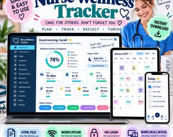 May include: A digital Nurse Wellness Tracker displayed on a laptop, tablet, and smartphone. The interface features a dashboard with wellness routine completion, shift details, and a calendar. Text includes BigPandaPixel, Nurse Wellness Tracker, Care for others. Don't forget you., Plan, Track, Reflect, Thrive, Simple & Easy to Use, and Instant Download.