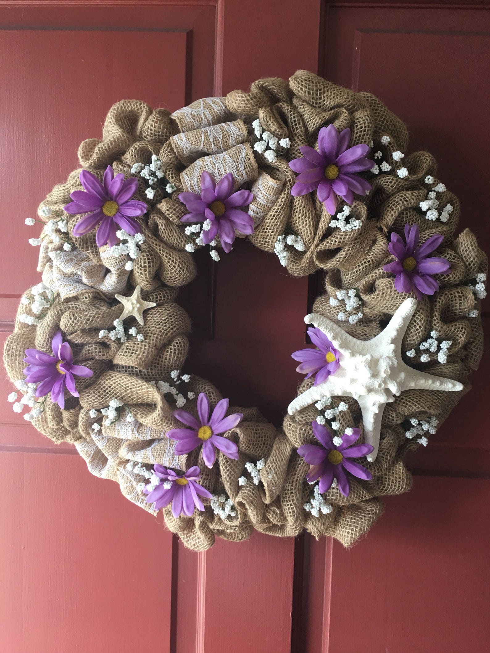 Beach wreath front door wreath starfish wreath. lace trim Etsy