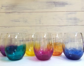 Hand-painted multicolor stemless wine glasses / dishwasher safe