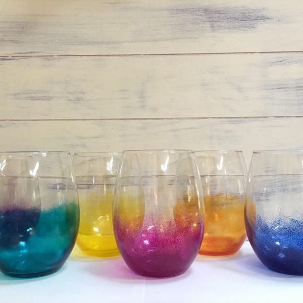 Hand-painted multicolor stemless wine glasses / dishwasher safe