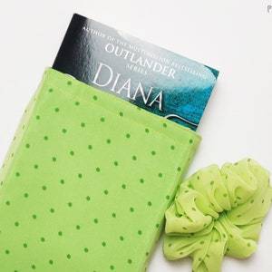 Book Sleeve with Matching Scrunchie | Polka Dot Light Lime Green | Sustainable, Recycled