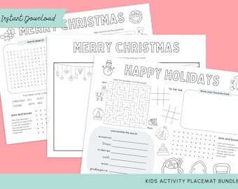 Printable Kid's Christmas Activity Placemat Bundle, Christmas Activity Sheets for Kids, Christmas Coloring Page