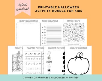 May include: Printable Halloween activity bundle for kids.  The bundle includes 7 pages of activities such as a word scramble, I spy, pumpkin pattern, shadow matching, and a maze.