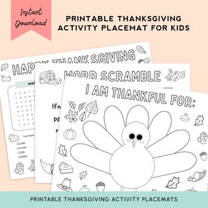 Printable Kid&#39;s Thanksgiving Activity Placemat Bundle, Thanksgiving Activities for Kids Table, Thanksgiving Coloring Page, Thankful Turkey